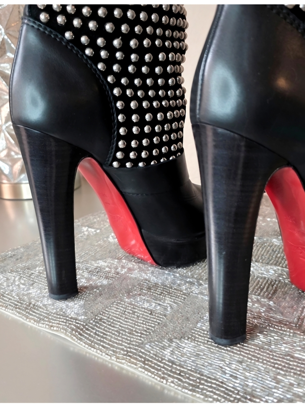 Christian Louboutin Black Leather Silver Studded Platform Platform Boots EU 38.5 - Picture 8 of 15